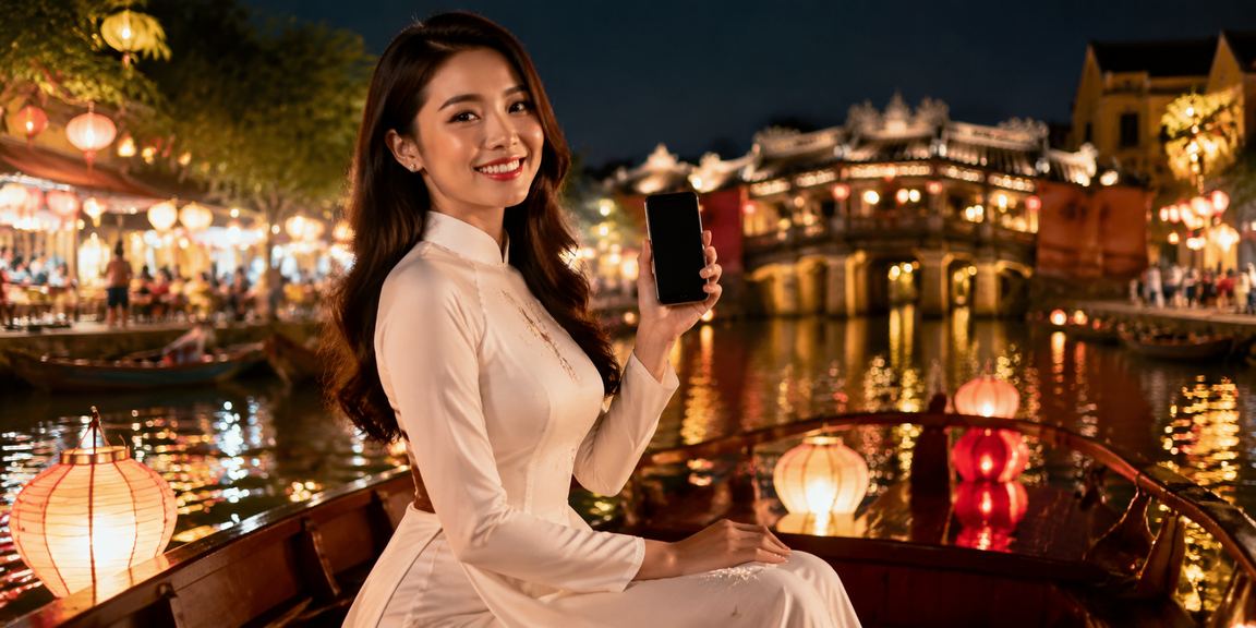 Người dùng Hội An trong trang phục áo dài đăng ký nhận thưởng gen7 dịp lễ hội