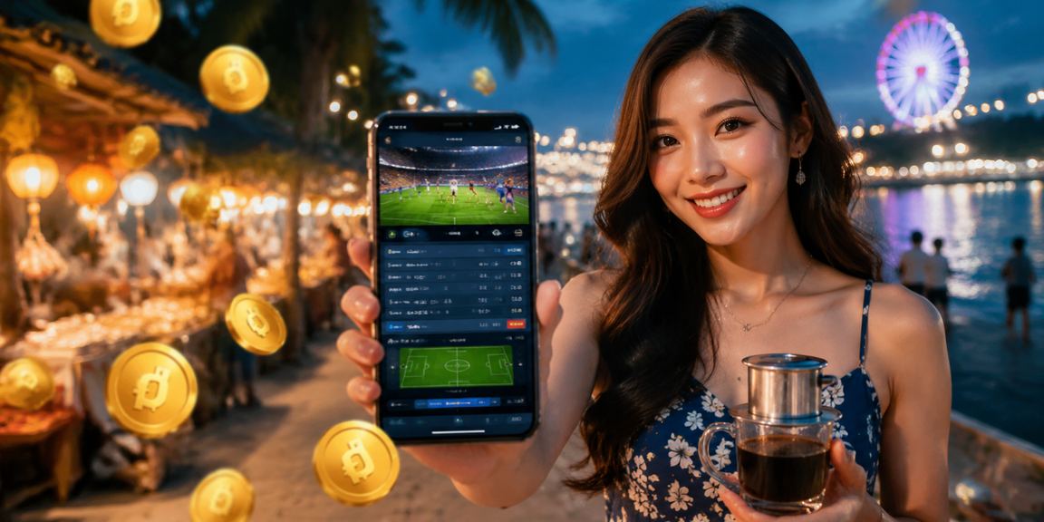 Người dùng Phú Quốc thư giãn với cà phê và chơi game trực tuyến trên điện thoại